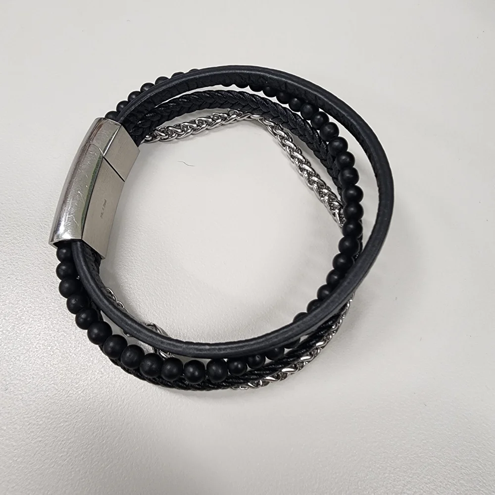 Multi-Strand Stainless Steel & Black Braided Beaded Faux Leather Bracelet Unisex